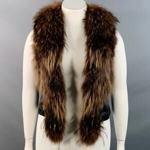 JAYLEY COLLECTION Size 12 Brown Black Leather Fur Trim Open Front Vest